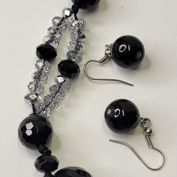Clear Glass Crystal and Black Bead Necklace Set with Earrings - Picture 4 of 9